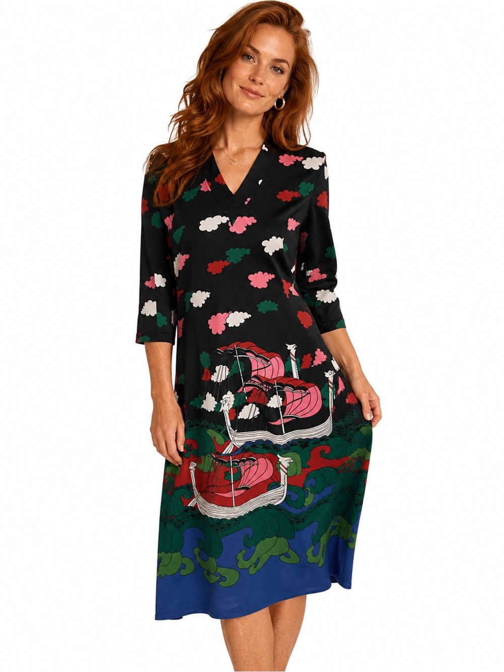 Vintage 70s Novelty Ship Print Midi Dress Black Polyester Back Zip Boho Nautical